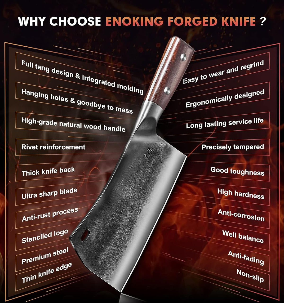 ENOKING Cleaver Knife, 7.5 Inch Hand Forged Meat Cleaver Heavy Duty Bone Chopper German High Carbon