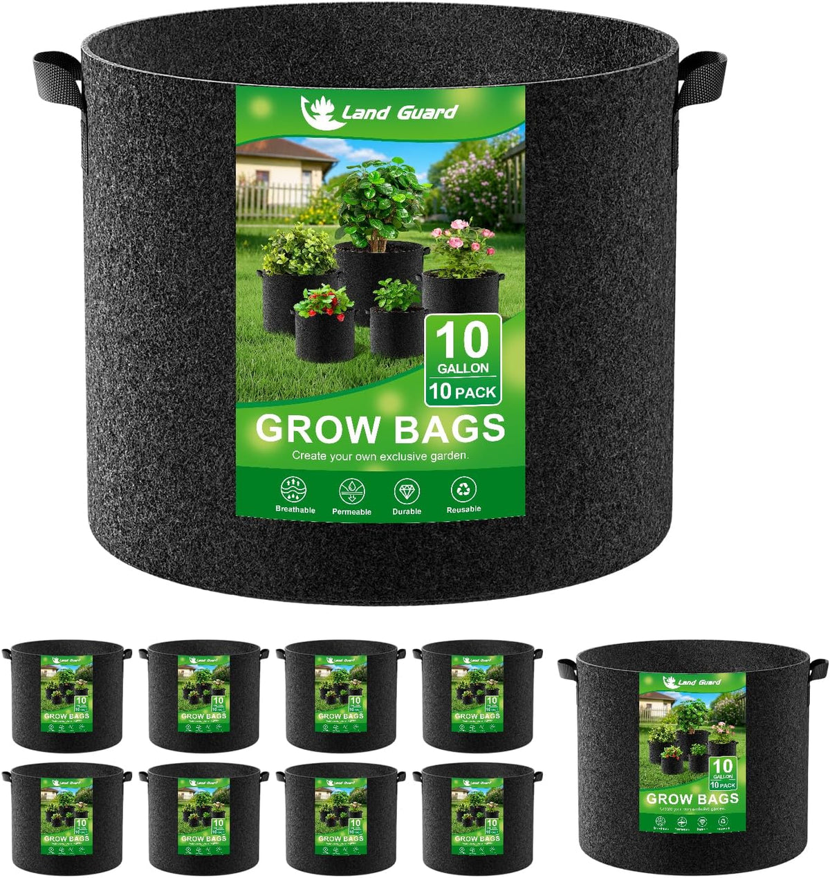 Land Guard 10-Pack Fabric Grow Bags 10 Gallon, Thickened Nonwoven Garden Pots, Growing Bags with