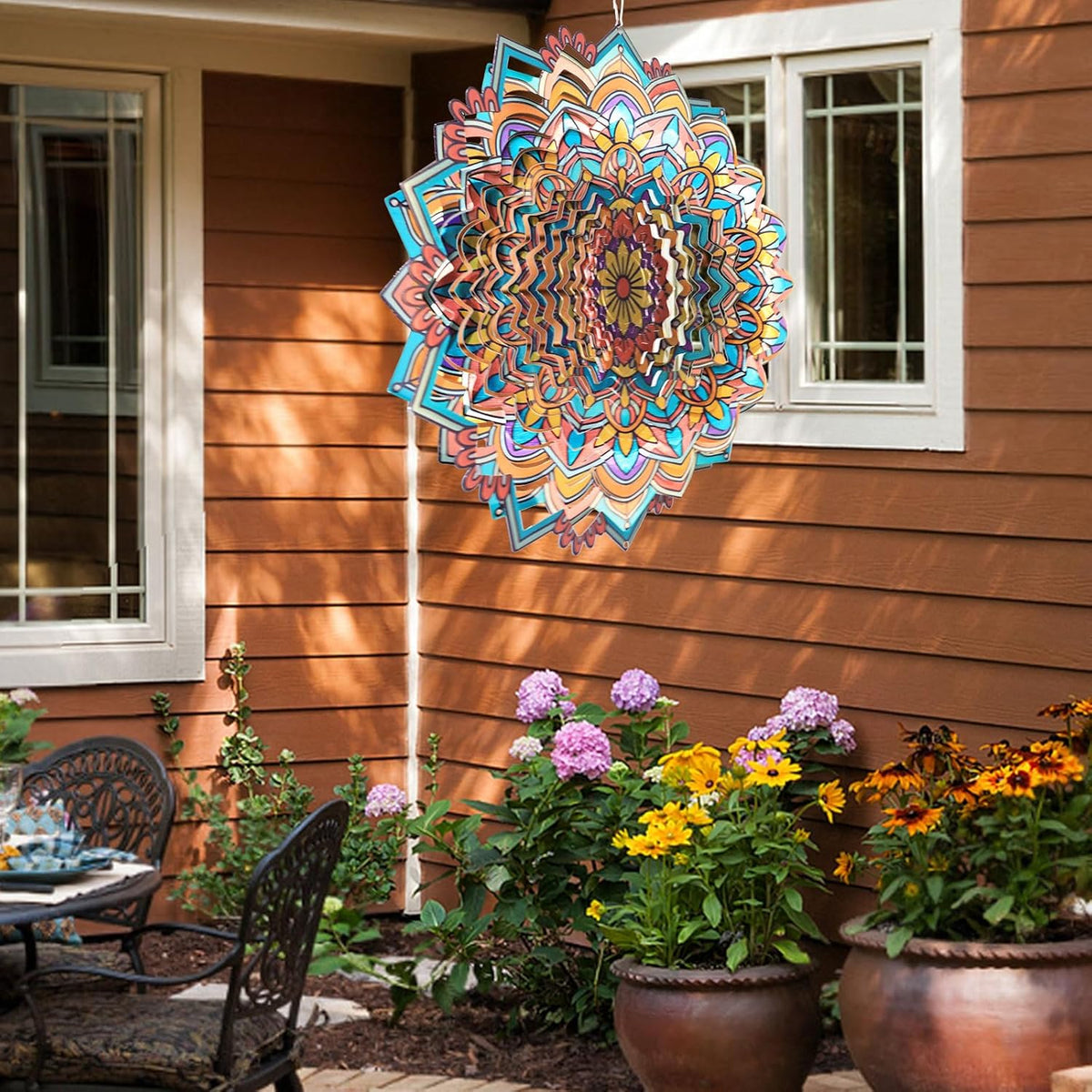 Mandala Daisy Wind Spinner - 12In 3D Kinetic Metal Wind Spinners, Stainless Steel Laser Cut Hanging