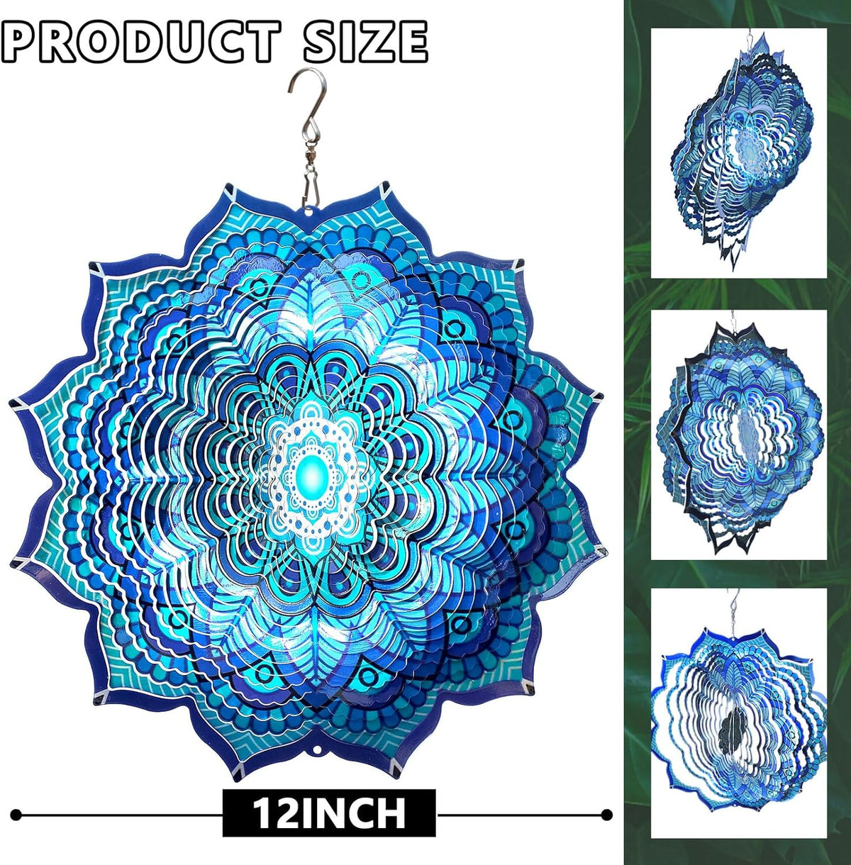 Goolyrusim Wind Spinner Mandala Rich Blue 12inch 3D Stainless Steel Wind Spinners Laser Cut Metal