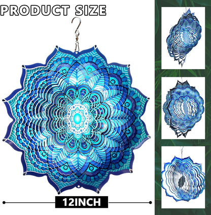 Goolyrusim Wind Spinner Mandala Rich Blue 12inch 3D Stainless Steel Wind Spinners Laser Cut Metal