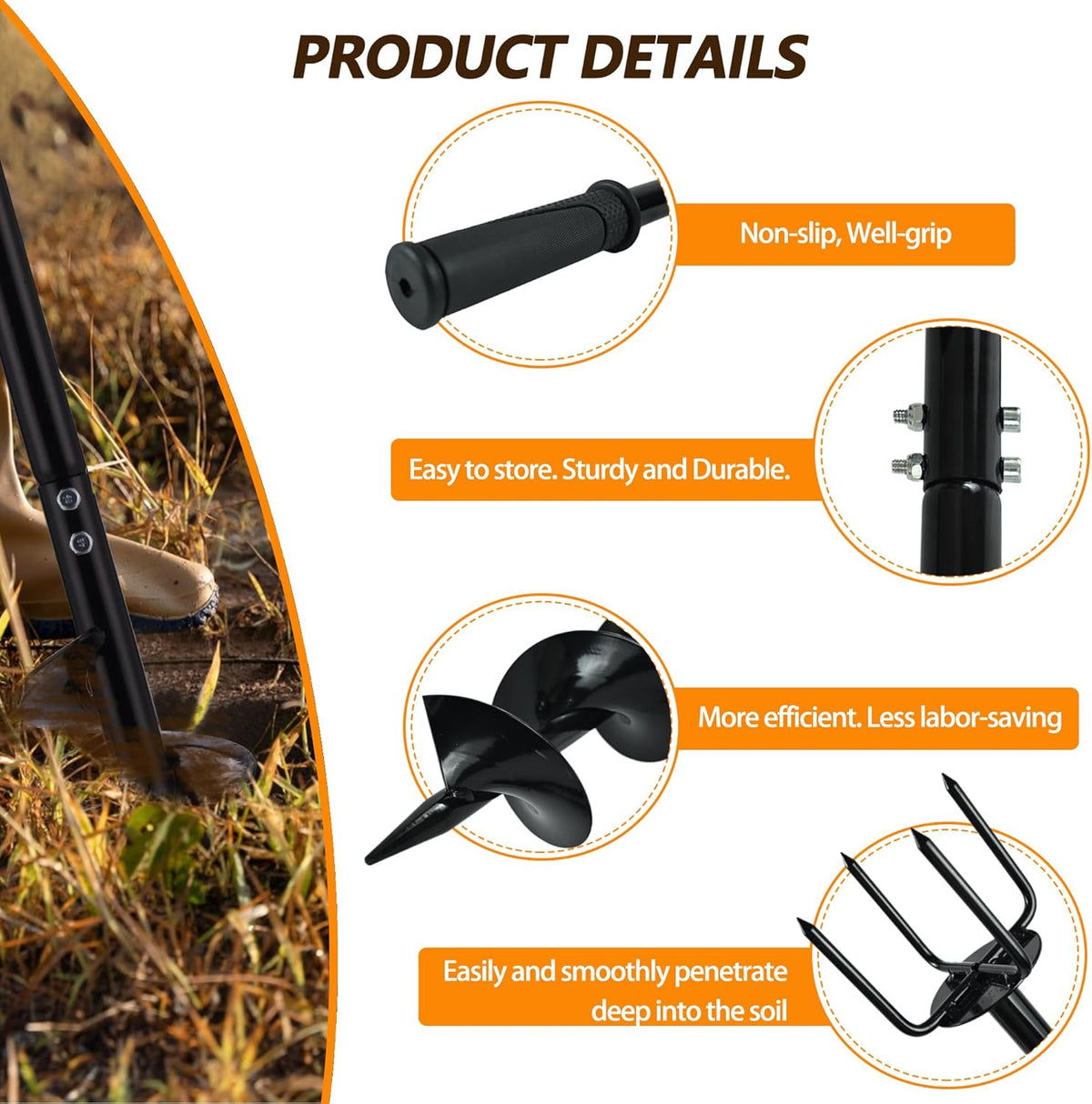 2 in 1 Hand Auger Spiral Drill for Planting, 6 X 42.9inch Post Hole Digger Manual Auger for Fence