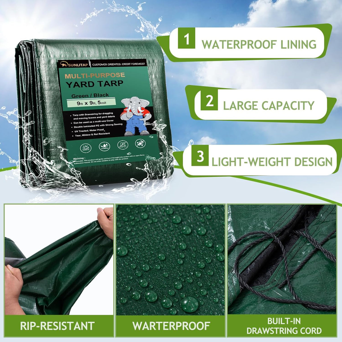 2 Pcs Leaf Tarp 9x9 Feet, Lawn Garden Leaf Tarp with 4 Drawstrings, Reusable Waterproof Poly Tarp
