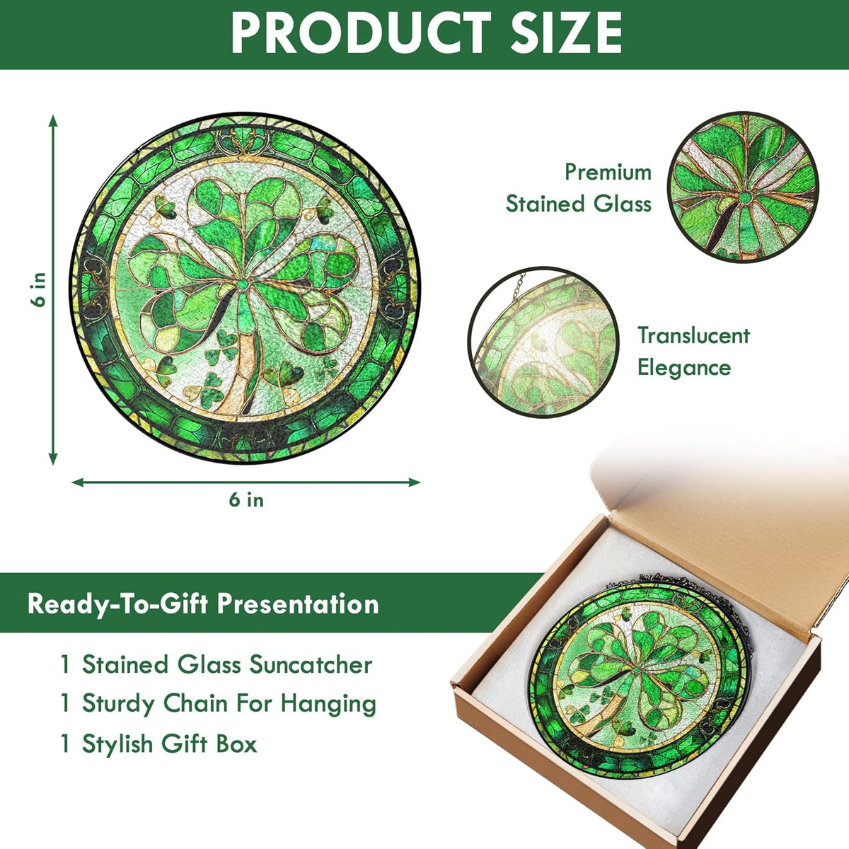 FLAGWIX Christmas Irish Gifts for Women Men - 100% Stained Glass Hanging Suncatcher 6 in - Birthday