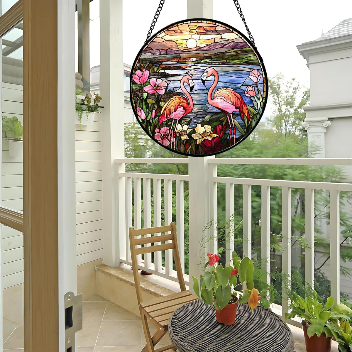Stained Glass Window Hanging - Flamingo Wildflowers Landscape Suncatcher for Door Terrace Garden