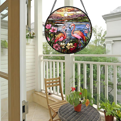 Stained Glass Window Hanging - Flamingo Wildflowers Landscape Suncatcher for Door Terrace Garden