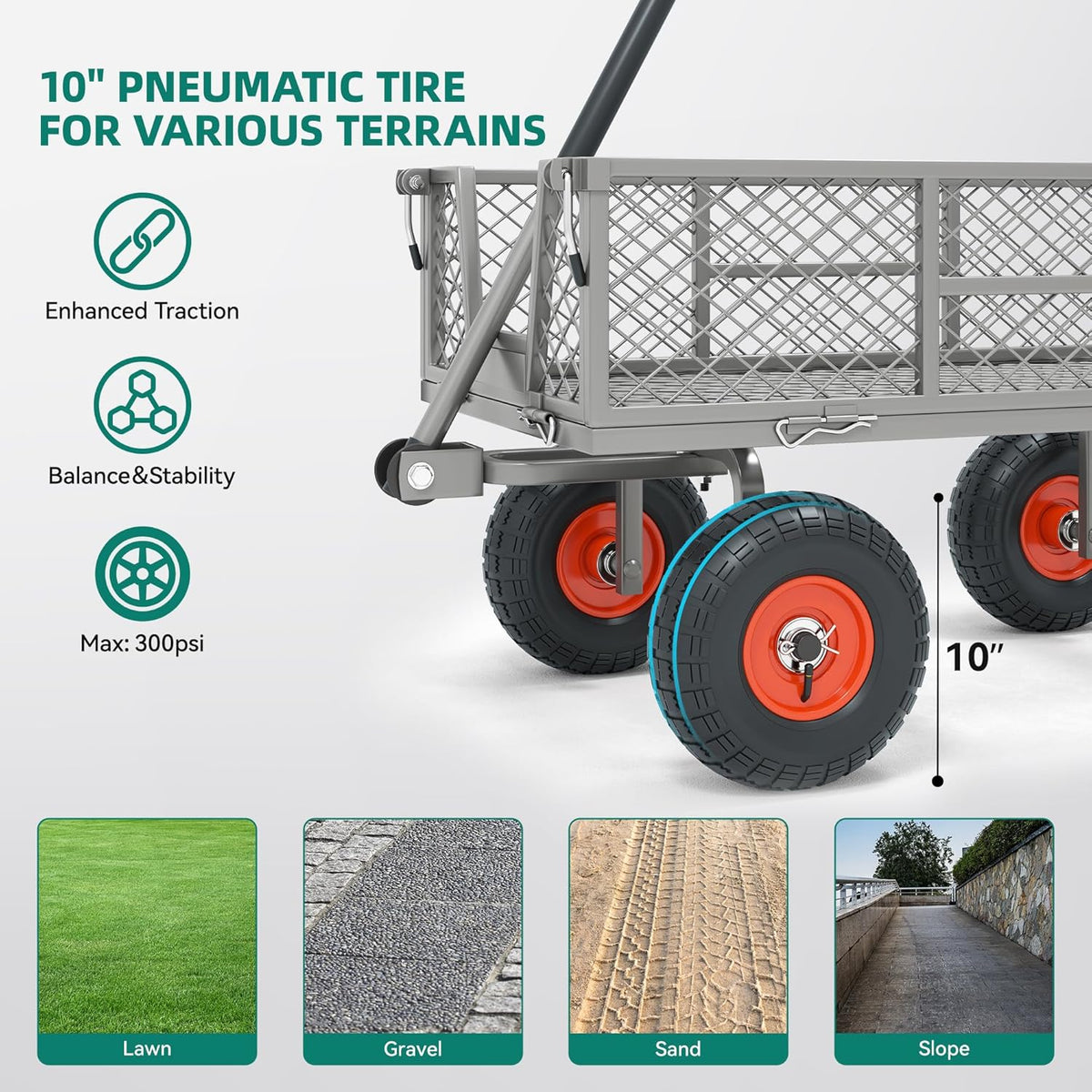Heavy Duty 900 lbs Capacity Mesh Steel Garden Cart - 10" Pneumatic Tires, 180° Rotating Handle
