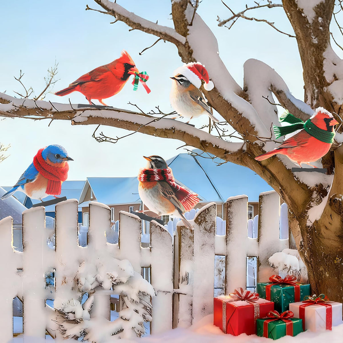 HUYIENO 5PCS Vibrant Metal Bird Decorations Christmas Fence Decor Colorful Garden Birds for Fences