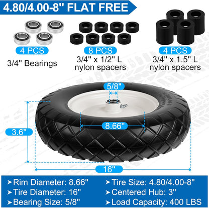 4.80/4.00-8" Flat Free Wheelbarrow Tires and Wheels, 16" Universal Fit Solid Tires with 5/8" or