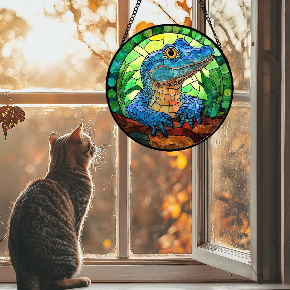 Stained Glass Window Hanging, Blue Alligator Sun Catcher for Window Door Home Decor Green Brown