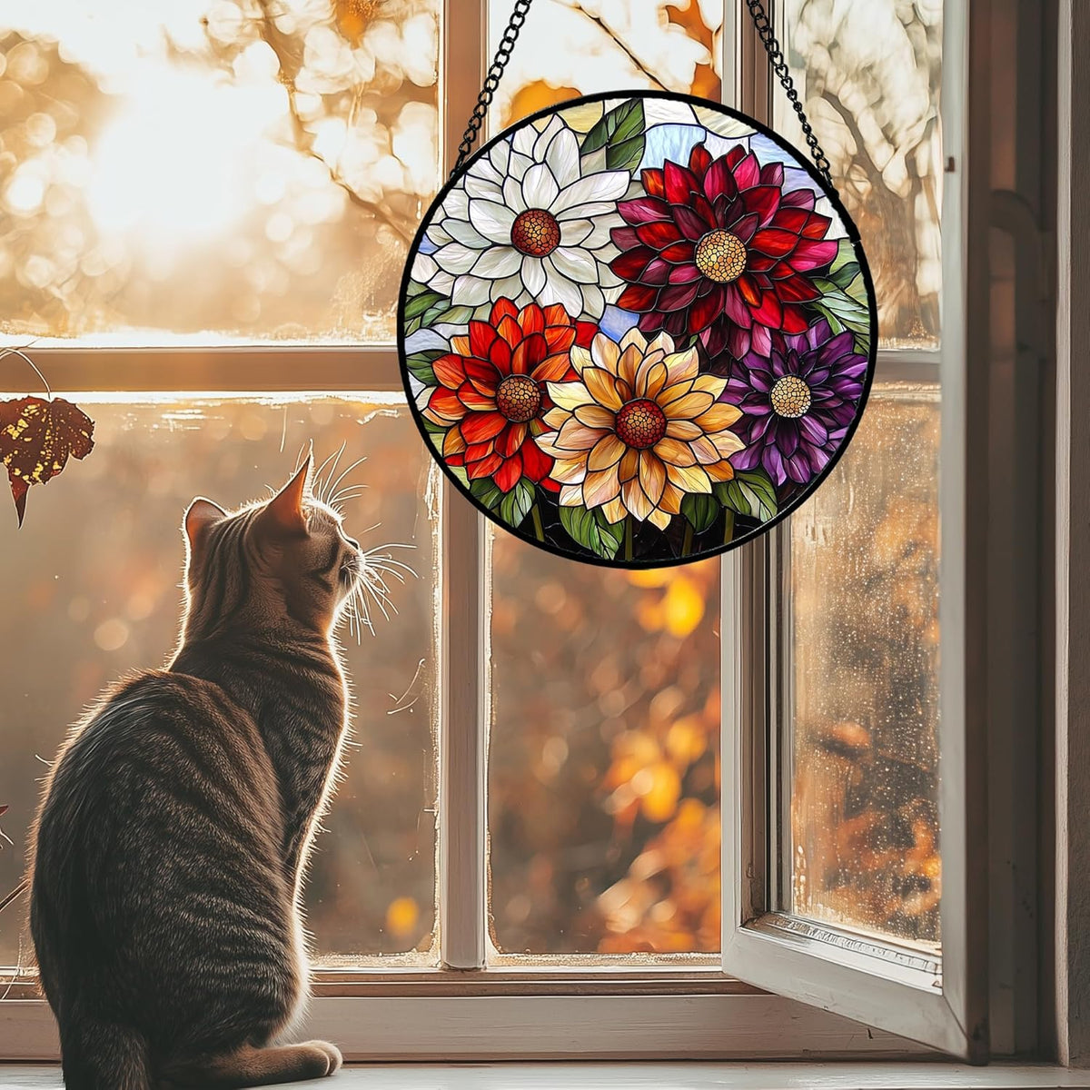 Stained Glass Window Hanging, Colorful Flowers Sun Catcher for Window Door Home Decor Plant