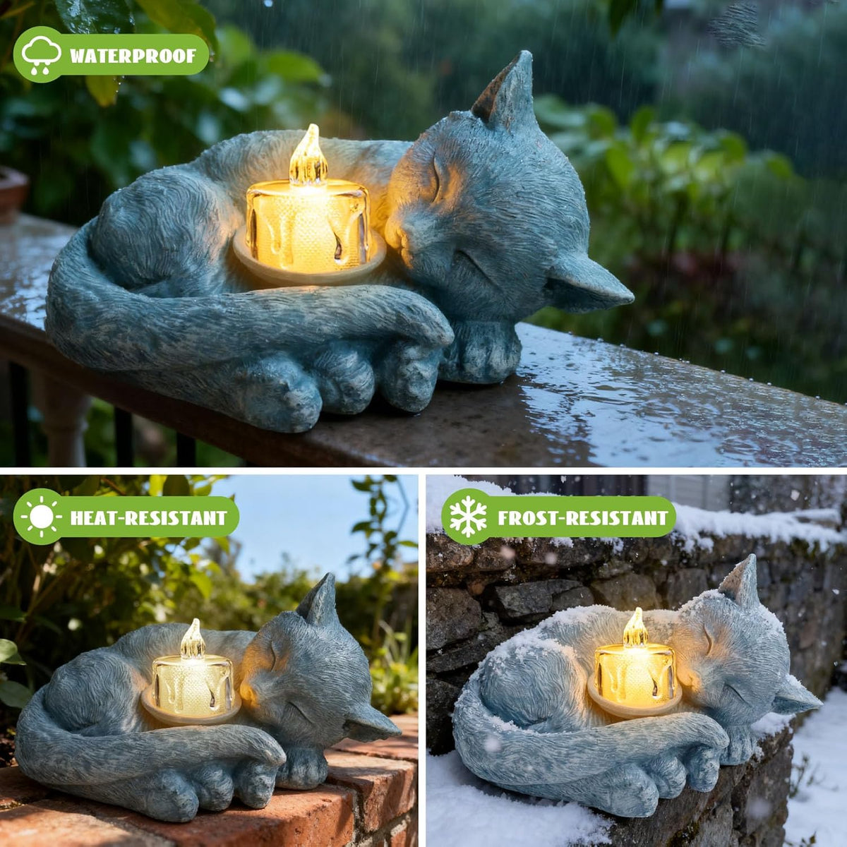 Sleeping Cat Candle Holder Statue Realistic Resin Cat Figurine with Candle Tray Outdoor Garden