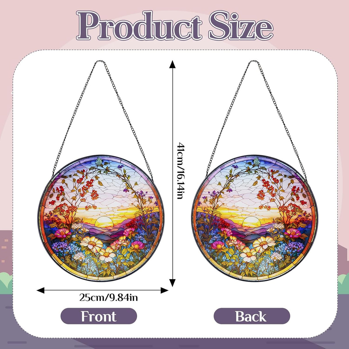 Stained Glass Window Hanging Sunset Suncatcher, Renyalora 10 Inch Round Real Glass Panel with