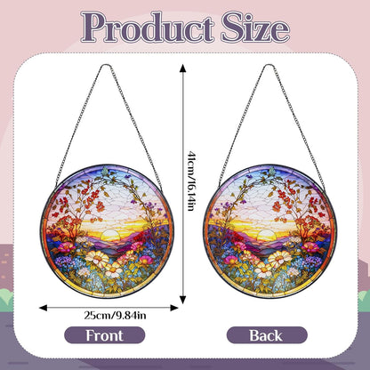 Stained Glass Window Hanging Sunset Suncatcher, Renyalora 10 Inch Round Real Glass Panel with