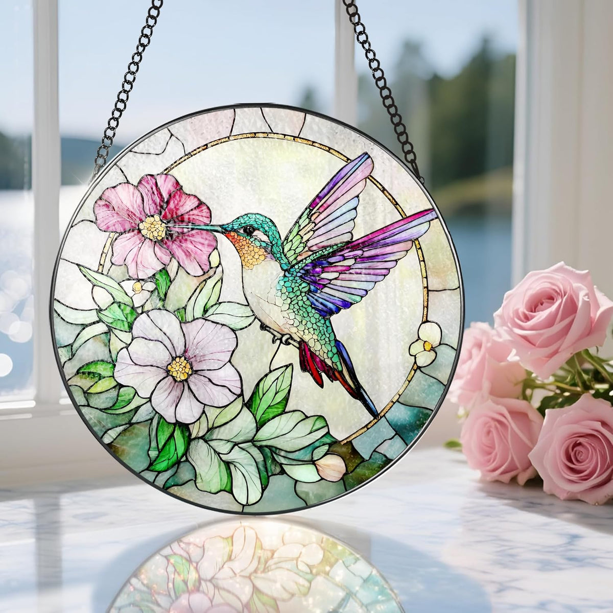 Hummingbird Suncatcher Stained Glass, Stain Glass Window Hanging, 8 Inch Stained Glass Decor, Bird