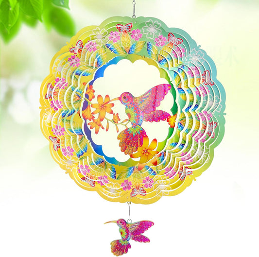 Wind Spinners - 12 Inches Hummingbird Wind Spinner, 3D Reflective Metal Wind Sculptures, Decor for