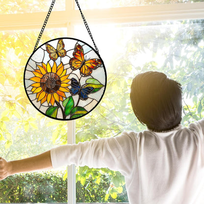 Stained Glass Window Hanging, Butterfly and Sunflowers Sun Catchers Glass Panel Plant Insects