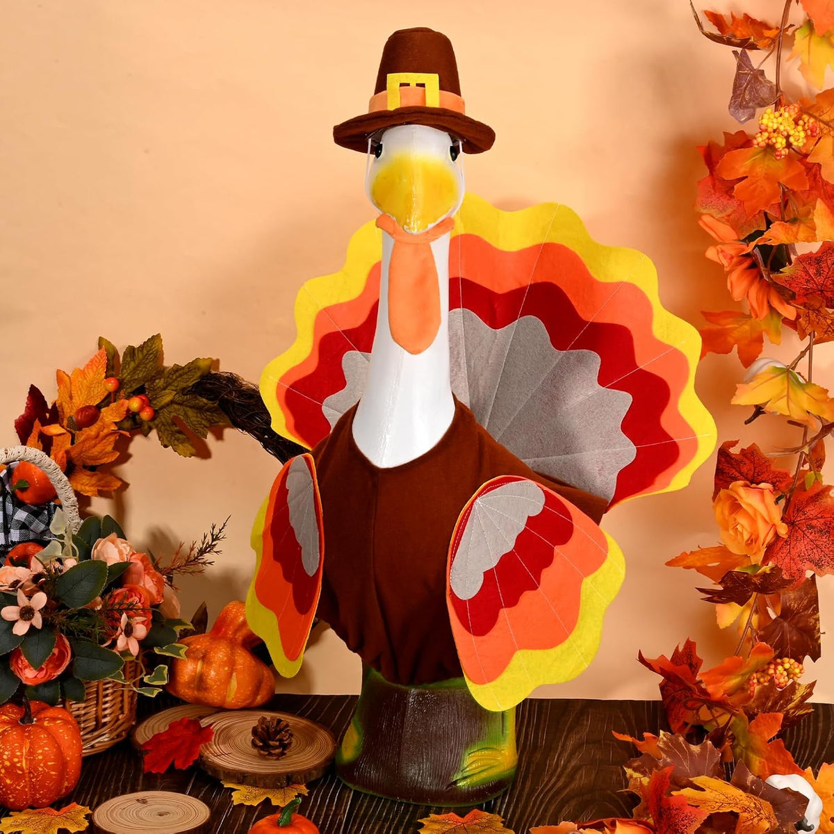 Thanksgiving Turkey Porch Goose Outfits Fall Lawn Goose Clothes, Fits 23" Cement Plastic Goose