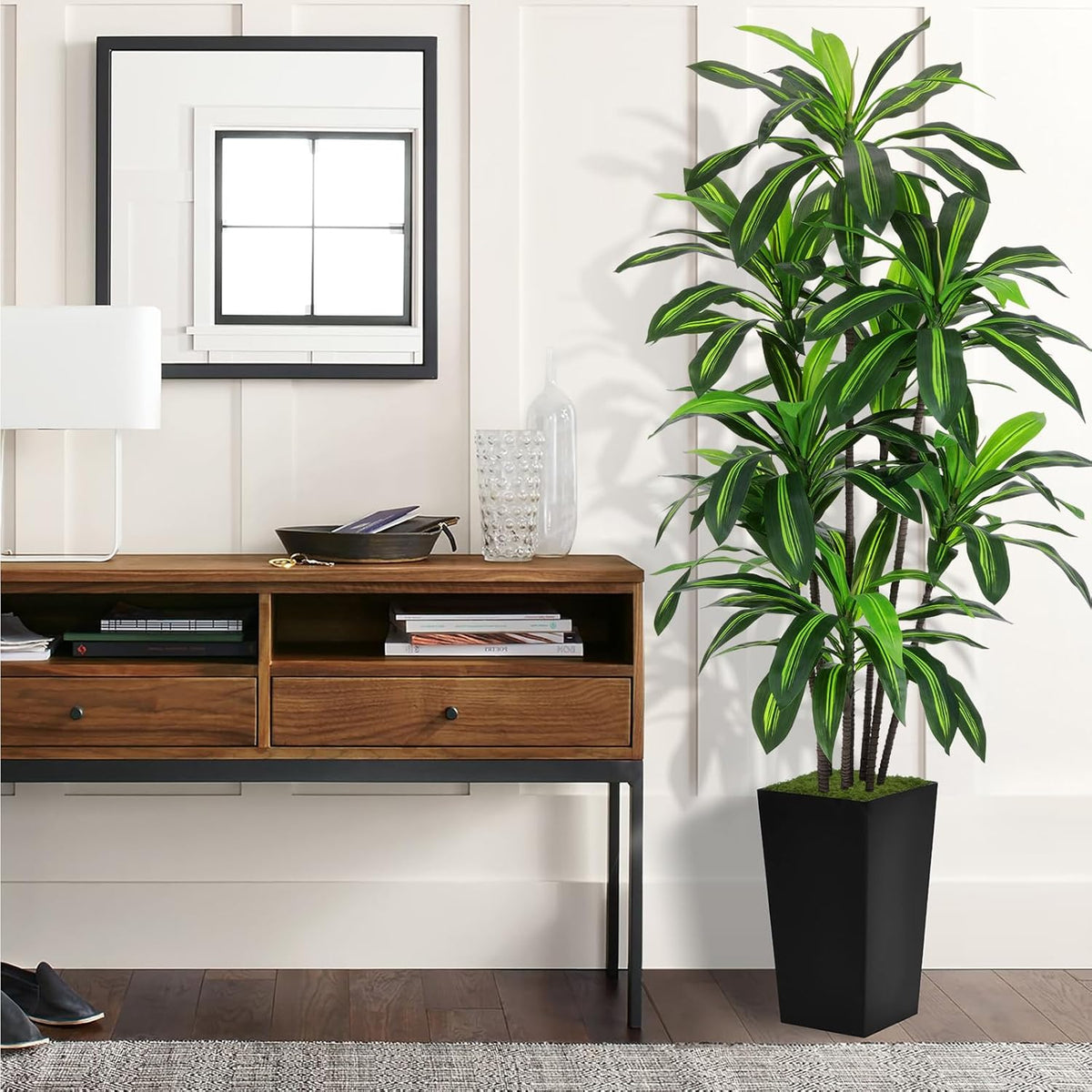 Artificial Dracaena Tree 6FT - Faux Tree with Black Tall Planter - Fake Tropical Yucca Floor Plant