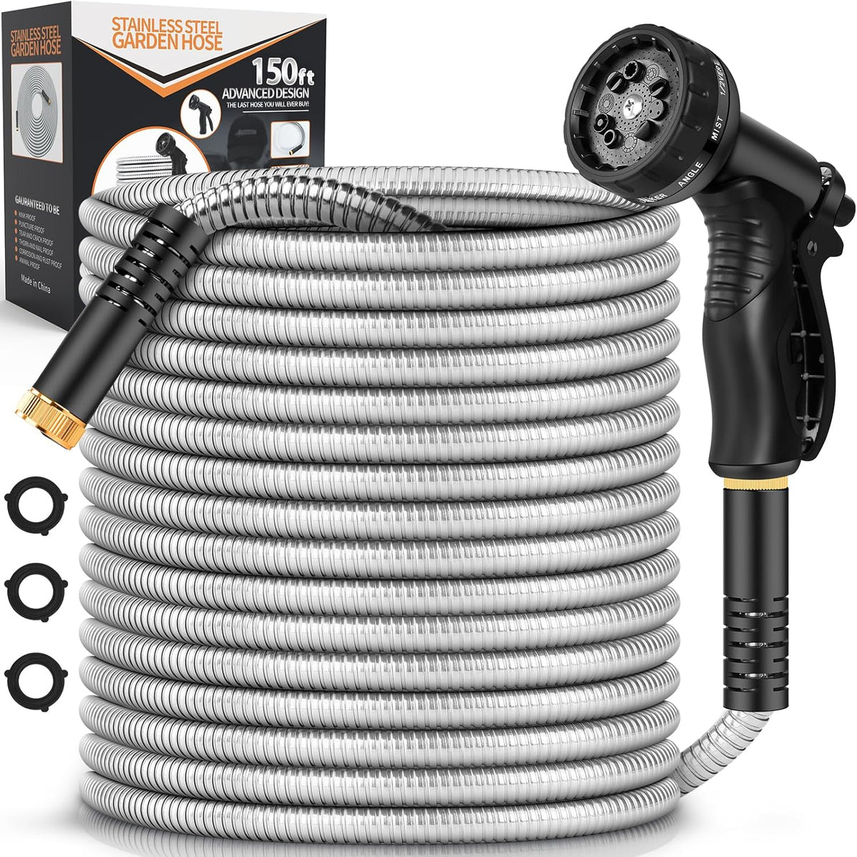 Garden Hose Metal 150FT, Stainless Steel Heavy Duty Water Hose With 10 Function Nozzle, No-Kink