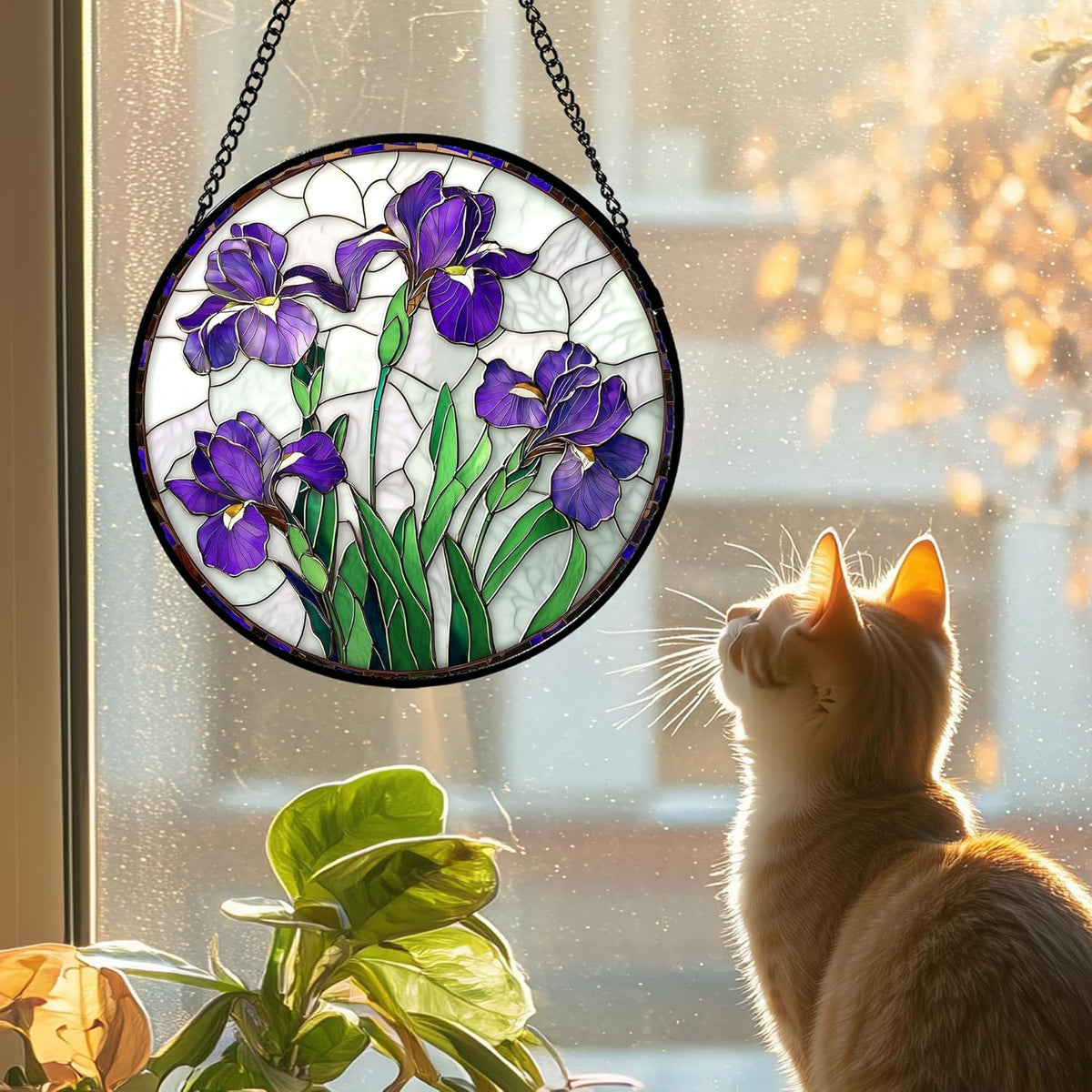 Stained Glass Window Hanging - Purple Iris Flower Sun Catcher for Door Terrace Garden Home Decor