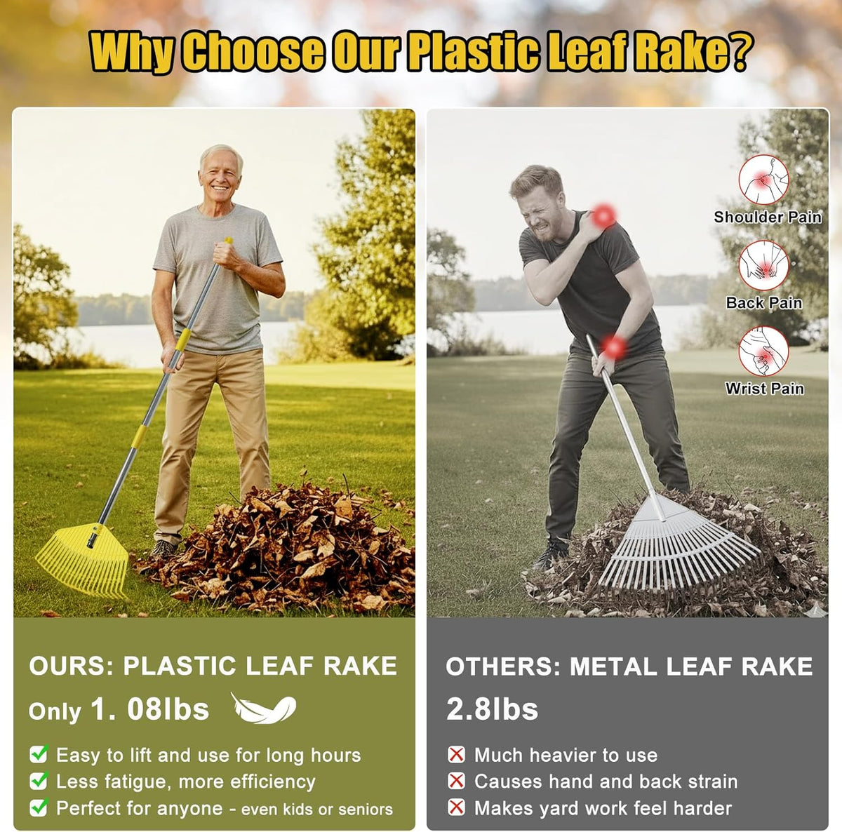 Plastic Leaf Rake for Lawns - Lightweight & Easy Yard Rakes for Leaves, Grass, Pine