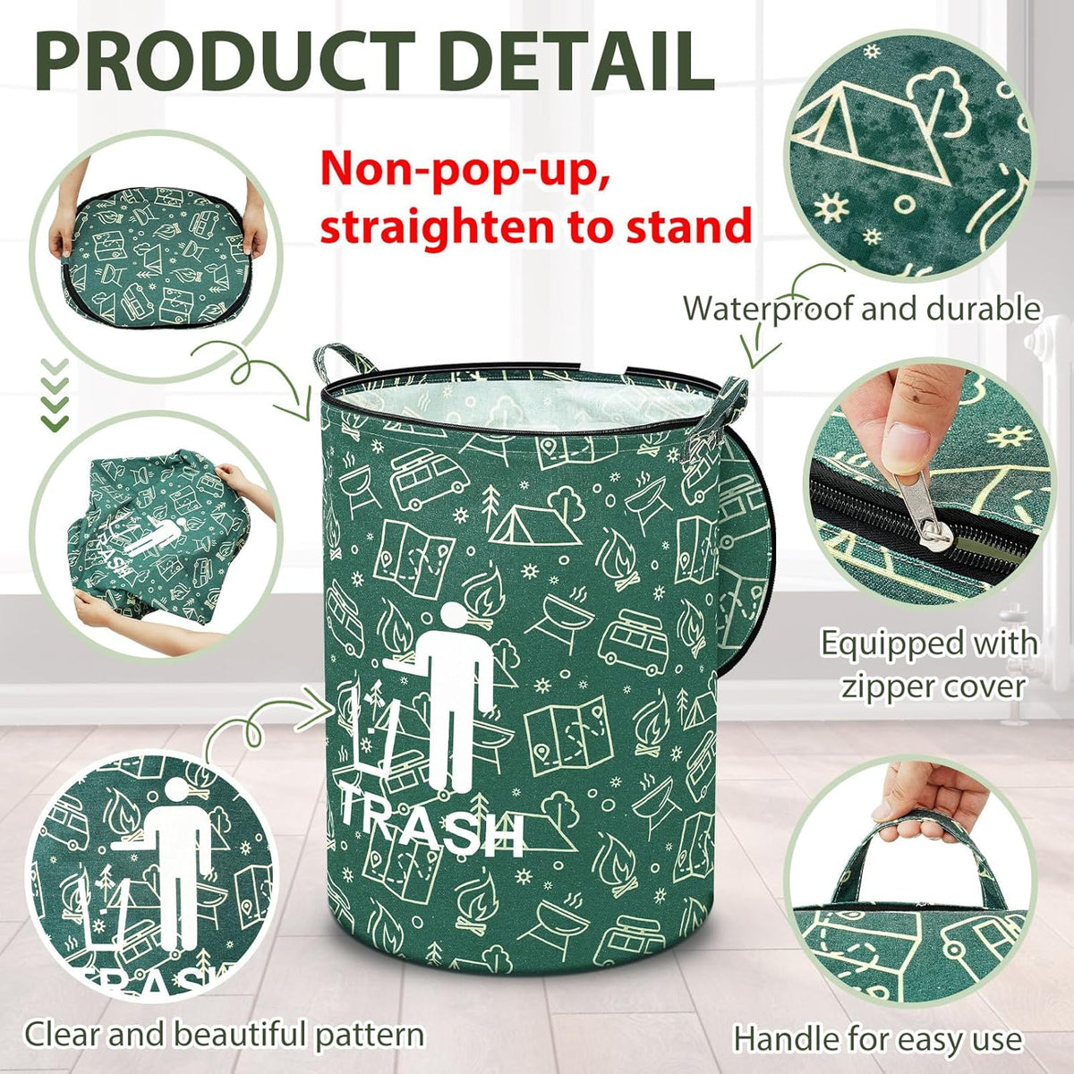 1 Pack Collapsible Trash Can Camping with Zippered Lid Foldable Storage Bin Portable Garbage Can