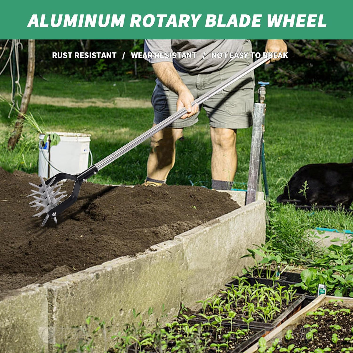 Rotary Garden Tool, Adjustable Hand Tiller, Long Handle Cultivator for Aerating, Weeding, Planting