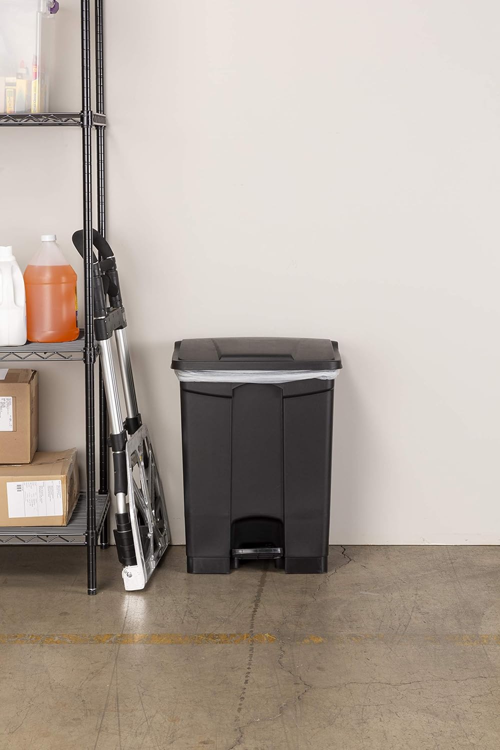 Safco Step On Plastic Trash Can with Foot Pedal, 17 Gallon Garbage Can for Kitchen, Indoor or