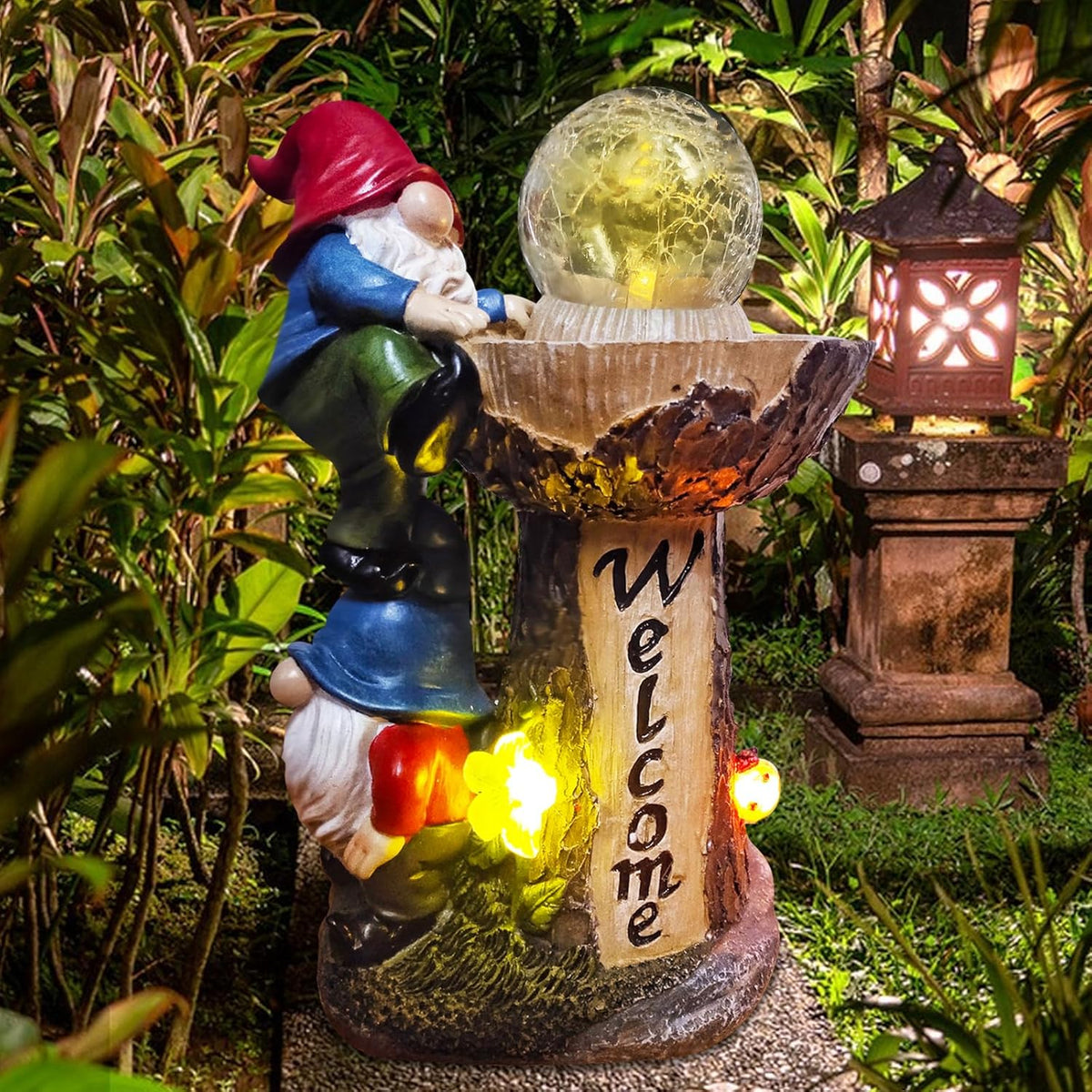 Garden Gnome Statues, Garden Statues for Outside with Solar LED Lights,10.4 in Funny Double Gnomes
