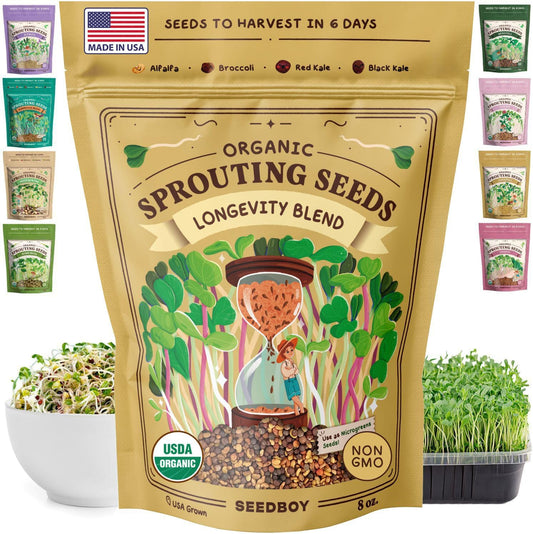 Seedboy Organic Non-GMO Sprouting Seeds, Longevity Blend – USA Grown Microgreens Mix with Broccoli