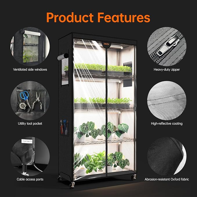 Bstrip Indoor Greenhouse with Grow Light, Plant Stand with 4 Pack 24W Full Spectrum Plant Lights