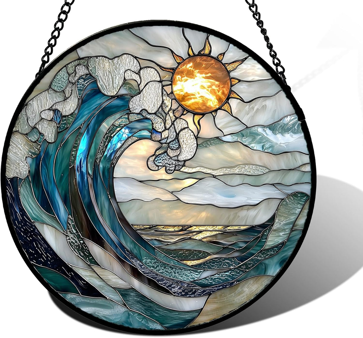 Stained Glass Window Hanging, Blue and White Waves Suncatcher Diamond Glass Panel Landscape Sun