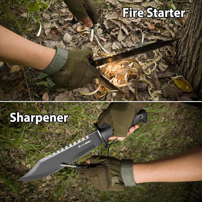 FLISSA Survival Hunting Knife with Sheath, 15-inch Full Tang Fixed Blade Tactical Bowie Knife with