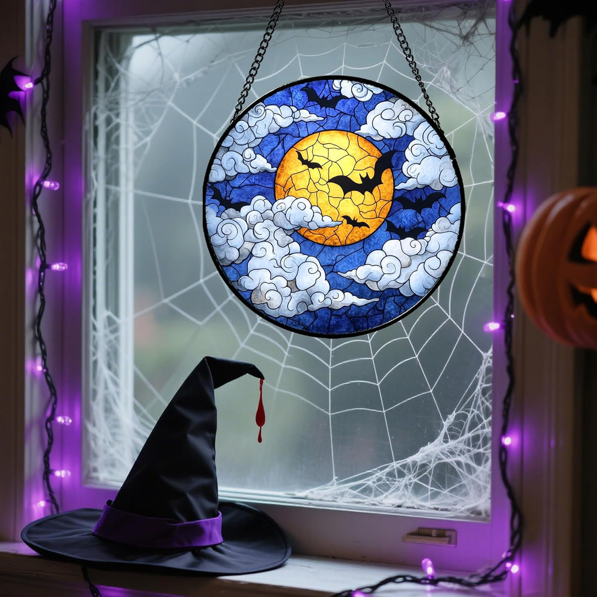 Stained Glass Window Hanging - Halloween Decorations Bats Moon Clouds Suncatcher for Doors Garden