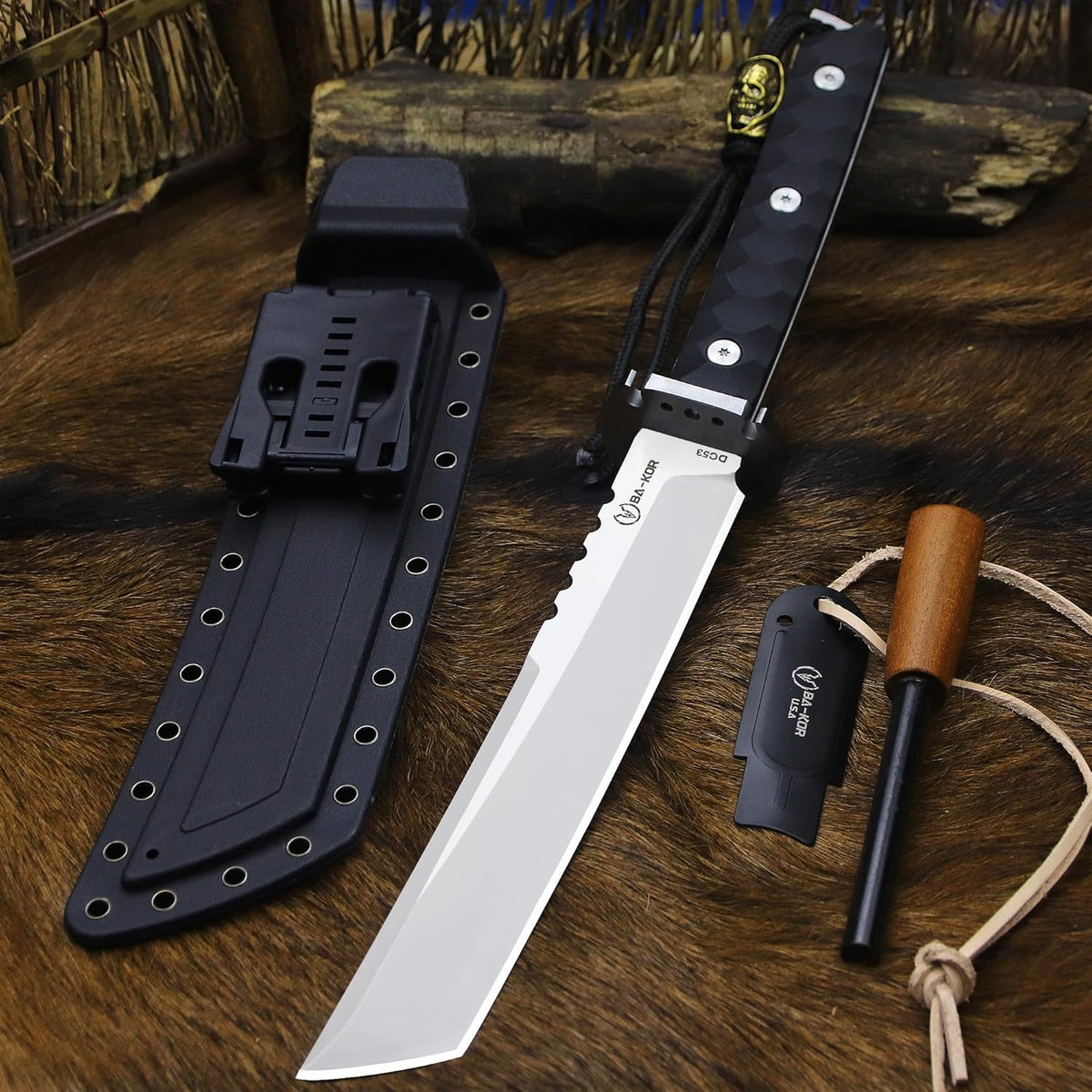 BA-KOR 15.8in Full Tang Japanese Style Outdoor Knife –8mm DC53 Steel, Nylon Fiber Handle &Sheath