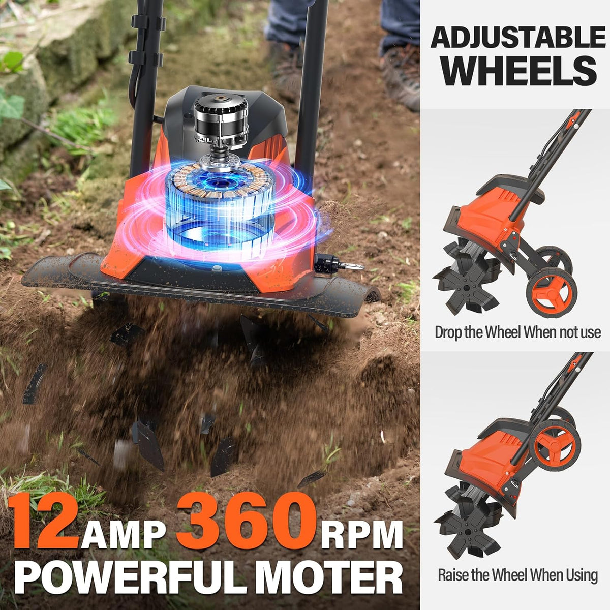 MAXLANDER Electric Tiller Cultivator, 14 Inch 12 Amp Corded Tiller for Gardening with Foldable