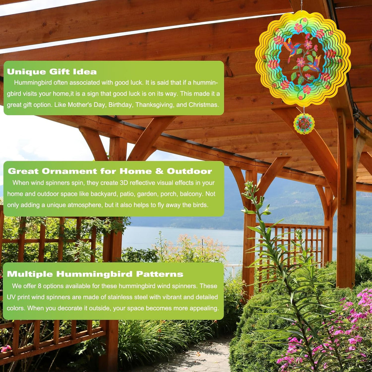 Wind Spinners - 12 Inches Large Hummingbird Wind Sculptures, 3D Reflective Metal Wind Spinner for