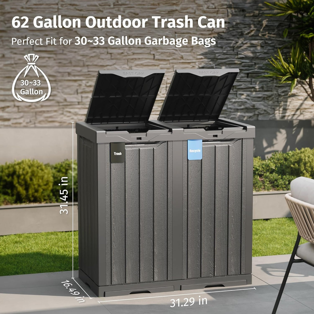 EAST OAK 62 Gallon Outdoor Trash Can | Waterproof Resin Garbage Can with Recycle and Garbage Labels