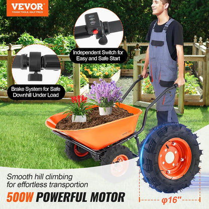 VEVOR Electric Wheelbarrow Cart, 500W Powered Utility Garden Wagon Dump Cart, 4.5 Cu. Ft. Load &