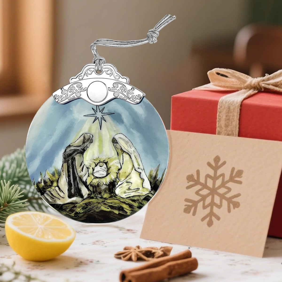Stained Glass Nativity Ornament, Religious Christmas Ornaments, Christmas Decorations for Tree