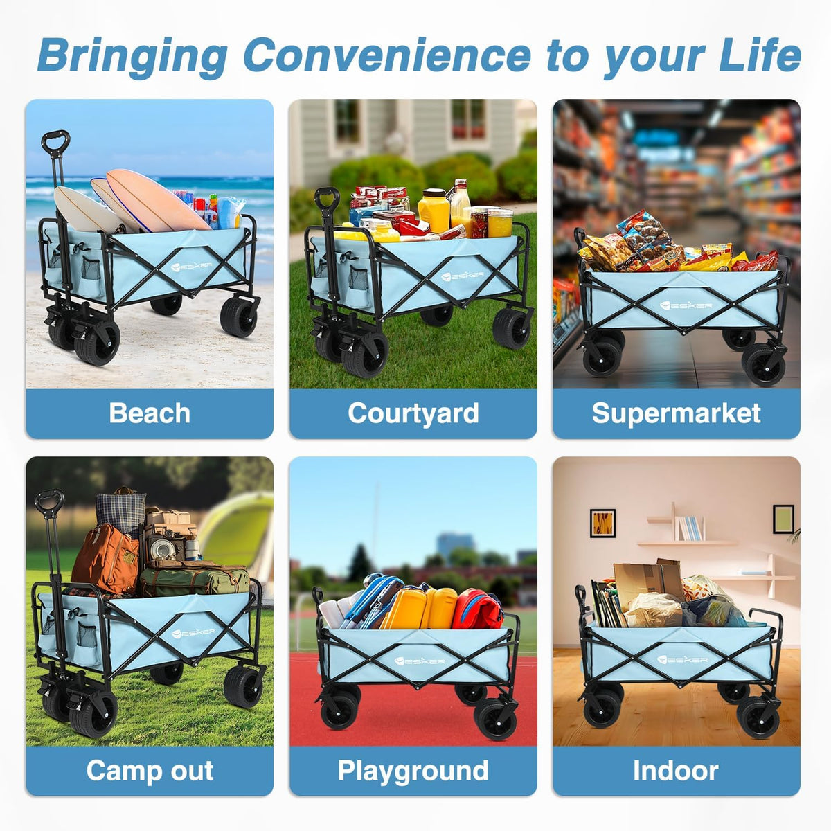 Yesker Foldable Wagon - 300lbs Collapsible Garden Carts with All Terrain Wheels for Outdoor Camping