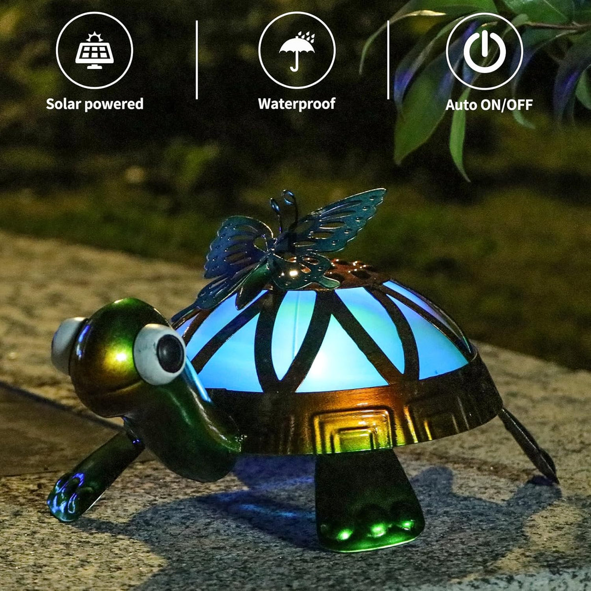 Solar Garden Outdoor Statues with Butterfly, Metal Garden Turtle Statue Solar Lights Outdoor