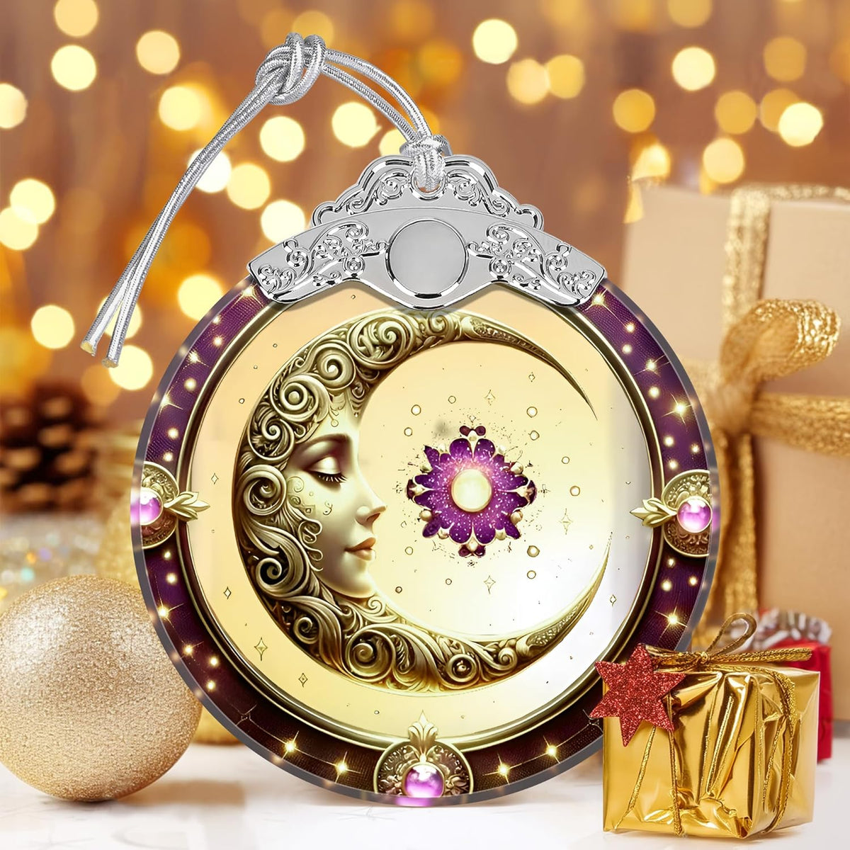 Sun and Moon Stained Glass Ornament, Xmas Ornaments, Sun and Moon Christmas Decor, Ornaments for