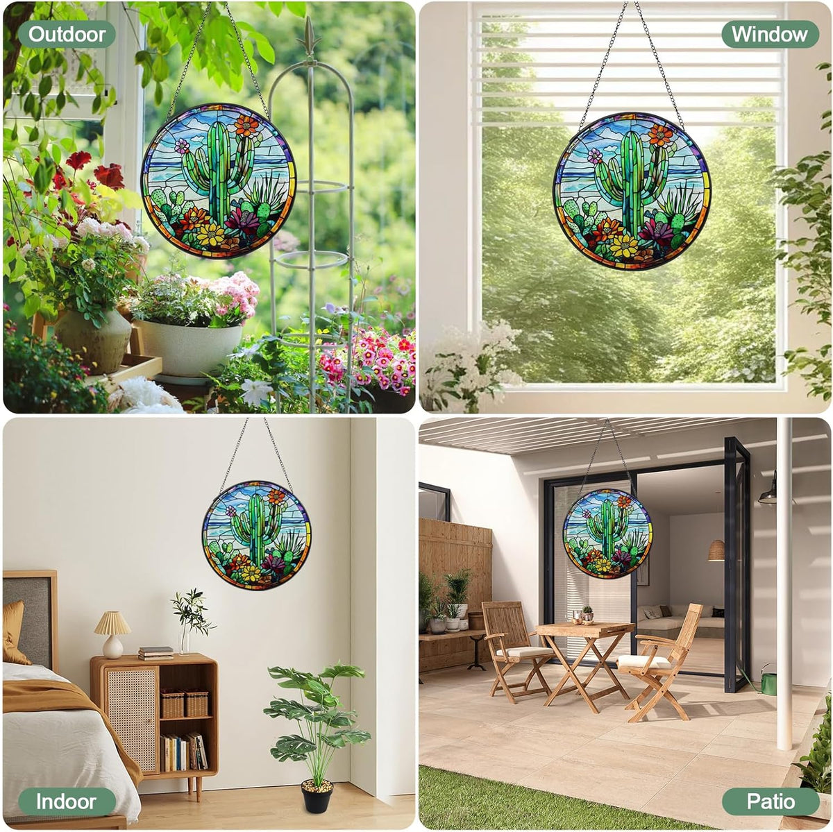 Cactus Handmade Stained Glass Window Hanging Suncatcher with Chain - 7.9" Outdoor/Indoor Art Decor