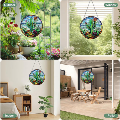 Cactus Handmade Stained Glass Window Hanging Suncatcher with Chain - 7.9" Outdoor/Indoor Art Decor