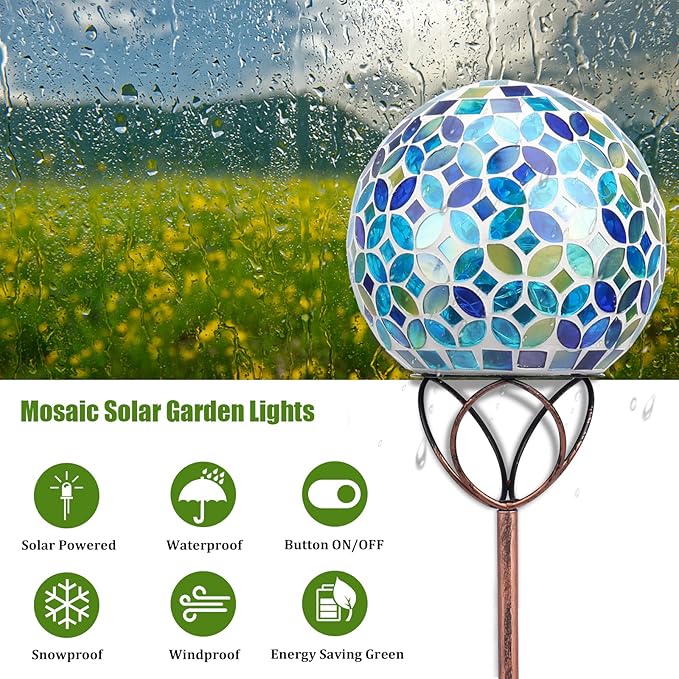 VCUTEKA Solar Outdoor Lights Garden Decor Mosaic Solar Garden Lights Waterproof Glass Ball LED