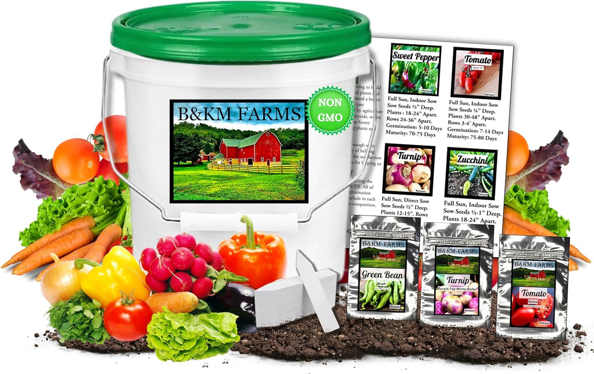 B&KM Farms 20,000+ Survival Seed Kit 5+ Year Supply. 30 Fruit & Vegetable Non-GMO Heirloom Seeds