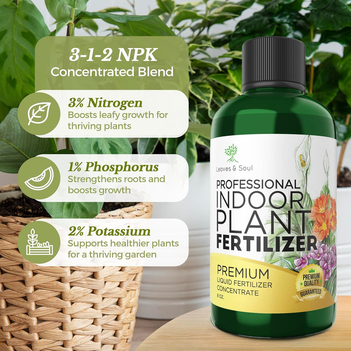 Professional Liquid Indoor Plant Fertilizer | 3-1-2 Concentrate for Plants and Flowers |