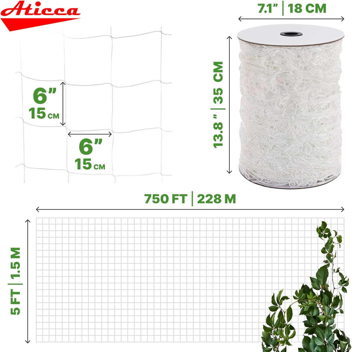 Trellis Netting 5 x 750 ft Heavy Duty Polyester Plant Support Netting White - 6 Inch Garden Rope